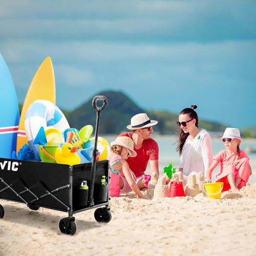 VIC Collapsible Folding Wagon, Extra Long Extender Wagon Cart,Beach Wagon Cart Heavy Duty 440LBs Foldable, Utility Grocery Wagon with Side Pocket for Camping Garden Sports, V1max