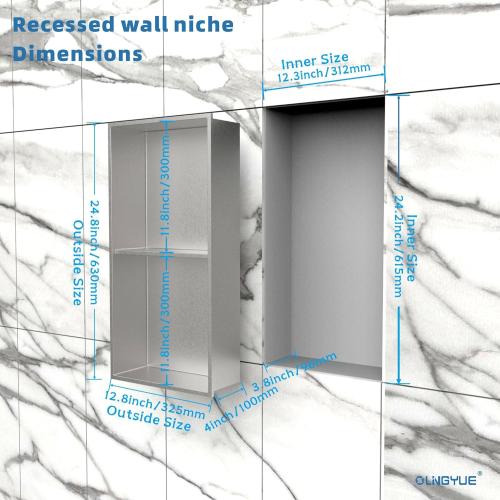 12x24 Bathroom Shower Niche Shelf: Double Layer Stainless Steel No Tile Needed - Recessed Wall Niches Box for House Decoration - Brushed Nickel