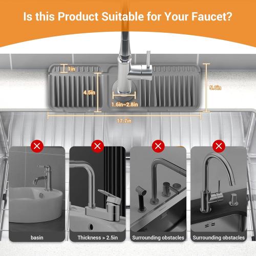 Faucet Mat for Kitchen Sink, 17.7X5.5 Silicone Sink Splash Guard with Soap Holder, Snap-On Design & 7°slope Fast Drain, Folding Sink Faucet Mat for Universal Kitchen Bathroom Sink（Grey）