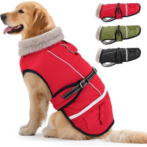 Dog Winter Coat Jacket Waterproof for XL Large Dogs, Reflective Pet Vest Warm Fleece Cozy for Cold Weather, Dogs Snowsuit Windproof, Adjustable Buckle