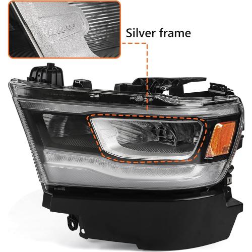 FIONE LED Headlight Assembly Compatible with Dodge Ram 1500 2019-2022 Replacement Headlamp with Silver Frame Driver Left Side LH 68533273AB CH2502332