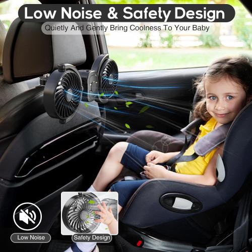 Dealswin Rechargeable Car Fan for Backseat Kids Baby, Battery and USB Dual Power Car Fans, Powerful 3 Speeds 360° Rotatable Dual Head Cooling Car Seat Fan for Sedan SUV RV Truck Vehicle