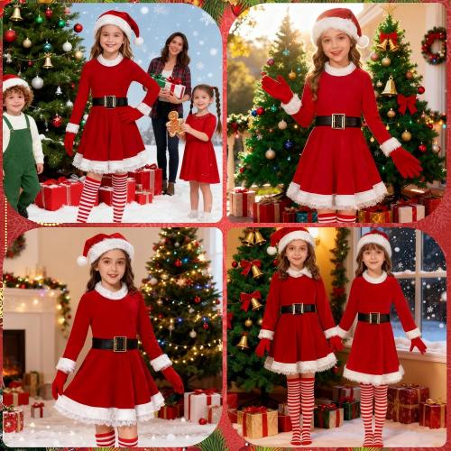 Kids Large Girls Santa Dress - Mrs Claus Costume Christmas Outfit with Belt Socks Hat Gloves