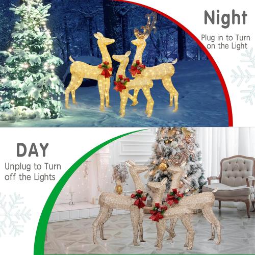 3-Piece LED Lighted Christmas Deer Outdoor Yard Decorations, 3D Super Large Christmas Reindeer Decor, Outdoor Lighted Holiday Deer with 360 LED Displays for Front Yards Garden Lawn Patio