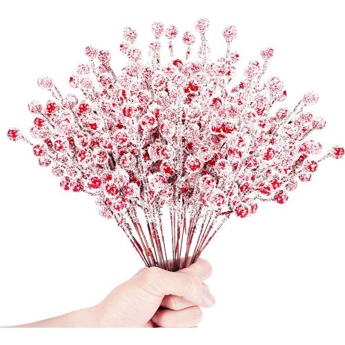 24Pcs Artificial Berry Picks Snow Sprays Christmas Frosted Holly Berry Stems Twigs Winter Branches for Christmas Tree Fillers Decor Holiday Arrangement Wreaths Garland Crafts DIY Ornaments (Red)