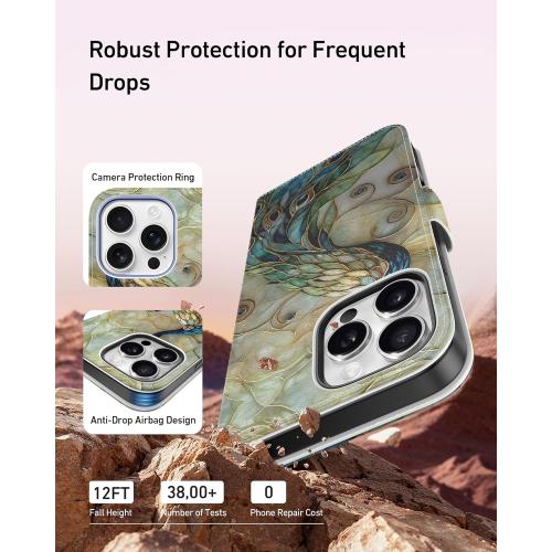 DEENAKIN for iPhone 16 Pro Wallet Case with Card Holder   Cash Clip, RFID-Blocking, Military-Grade Drop Protection & UV-Printed Artwork, Magnetic Closure with Leather Stand - Peacock and Flower