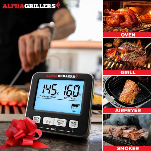 Alpha Grillers Meat Thermometer Digital - Kitchen Oven Thermometer for Cooking Food, Grilling, BBQ Smoker - 7 Preset Temperature Alerts, Timer, Alarm, & Stainless Steel Temperature Probe