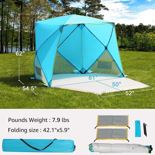 BLUE AND YELLOW Pop Up Beach Tent, Portable Shade Sun Shelter UPF50  UV Protection for 4 Person Extendable Floor for Fishing Hiking Camping, Waterproof Windproof(Blue)