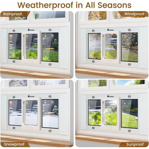 Cat Door for Window, Quick Installation Adjustable Width of 23-28, Cat Window Door with 4 Locking Modes, Magnetic Closure Design, Weatherproof Aluminum Frame Cat Door Window Insert