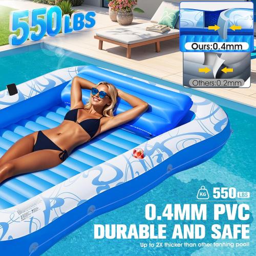 Inflatable Tanning Pool Lounger with Lights,81x 60 Large Tanning Floats for Adults, Swirls Pool Lounger Float,Blow Up Tanning Water Bed with Cup&Phone Holder,Adults Tanning Pools for Backyard