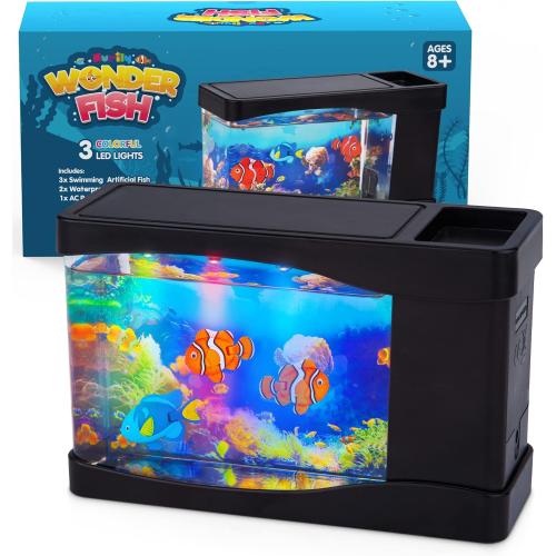 Artificial Fish Tank Virtual Ocean Toy in Motion Lamp - Mini Office Desk Aquarium 3 Colorful LED Lights, Moving Bubbles, Gift for Kids and Adults