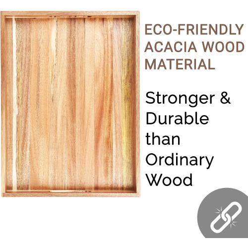 2pk Acacia Wood Serving Tray with Handles – Decorative Serving Trays Platter for Breakfast in Bed, Lunch, Dinner, Patio, Ottoman, Coffee Table, BBQ, Party –Great for Lap &Couch