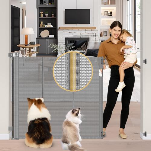 Reinforced 42 Extra Tall Baby Gate 55 Wide Retractable Dog Gate with Support Rods - Bottom Anti-Escape, Extra Tall Pet Gate Indoor Stair Gate Retractable Gates for Dogs Outdoor Gates for Decks, Gray