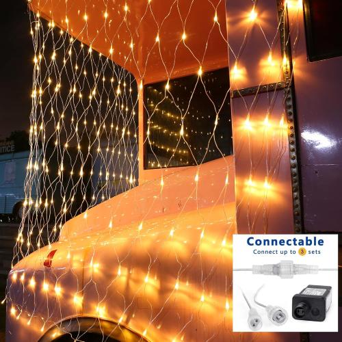 Joomer Christmas Net Lights - 12FT x 5FT 360 LED Plug-in Mesh Lights, Waterproof with 8 Modes, Timer, Connectable for Bushes, Trees, Garden, Outdoor Christmas Decor (Clear Wire, Warm White)