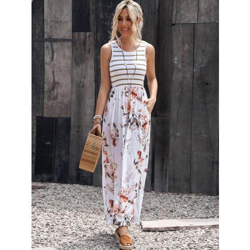 Color White Neeno Women's Dresses Striped & Floral Print Hidden Pocket Dress Dress for Women