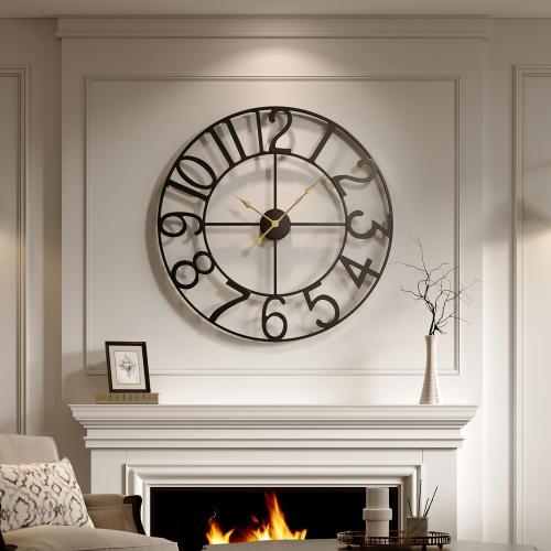 Cuspin Large Wall Clock for Living Room Decor, 30 Inch Decorative Wall Clocks Battery-Operated Silent Non Ticking Metal Modern Black Round Clock Arabic Numerals