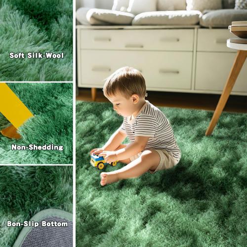 Tie-Dyed Green Fluffy Rug for Bedroom 5x7 ft - Ultra Soft & Non Slip Shaggy Area Rug, Comfy Durable Carpet for Living Room Kids Room Teens Dorm Home Decor, 1.7'' Thick Indoor Plush Carpets