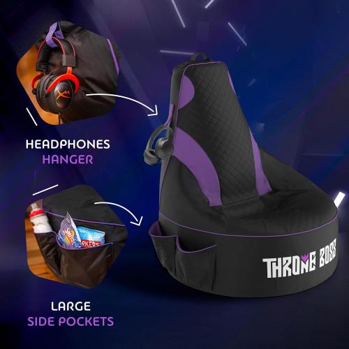 Throne Boss Gaming Bean Bag Chair Cover for Kids with High Back, Purple – Floor Gaming Chair Cover, Easy to Clean Fabric, Large Side Pockets, Headphone Hanger, Requires 200 Liters Polystyrene Beans