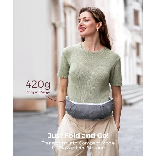 Momcozy Portable Baby Carrier – Compact & Lightweight, Adjustable for Travel, Fold & Go Convenient Storage Hip Pouch, Wide Shoulder Straps, Soft Skin-Friendly Fabric, for Babies 12–35 lbs (Grey)