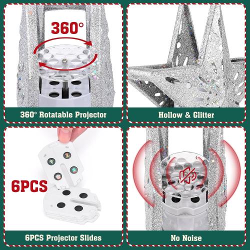 Christmas Tree Topper Lighted with 6 Patterns Projector, Christmas Tree Star Topper Built-in 3D Glitter LED Rotating Lights, Silver Tree Topper Christmas Decoration for Xmas Party Holiday