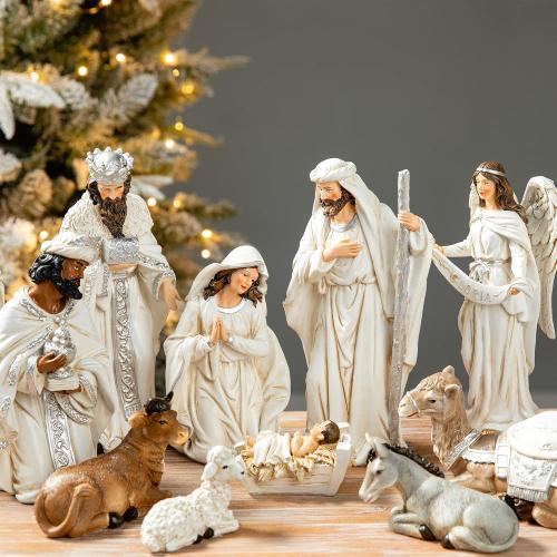 Glitzhome 12Pcs Ivory Resin Nativity Figurines Set Christmas Nativity Sets Tabletop Scenes Ornaments Xmas Nativity Collectible Figurines Indoor Decor Miniatures Statues Figures10.00 x 26.00