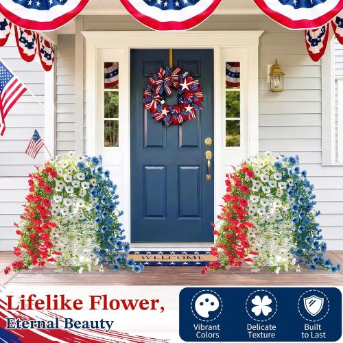 Lewondr 4th of July Artificial Hanging Flowers Plants for Outdoor, 3 PCS | Faux Silk Memorial Day Plants, 30'' Red White Blue UV-Resistant Flower, for Independence Veterans Porch Patio Yard Decor