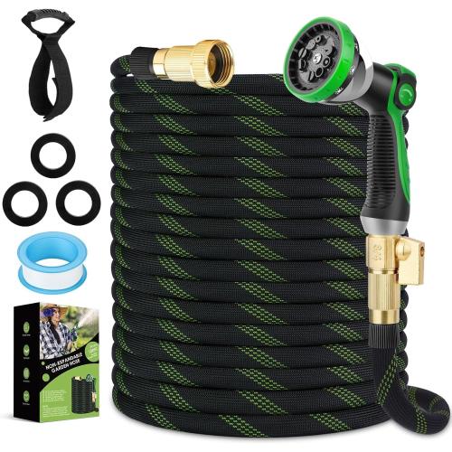 Non-Expandable Garden Hose 100 ft, Ultra Lightweight & Flexible Water Hose With 10-Pattern Spray Nozzle, Full Length Leak-Proof Design, High-Density Fabric & Shut-Off Valve, Hose Straps