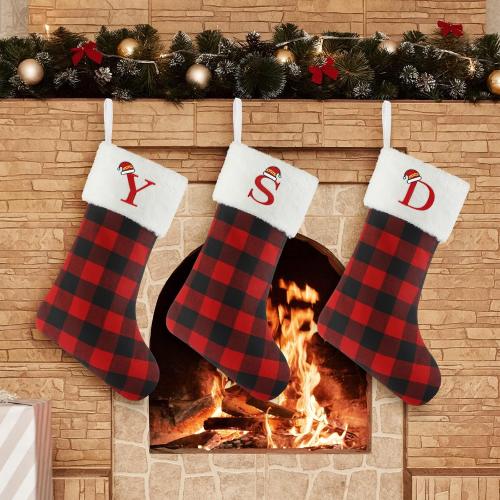 Senneny Christmas Stockings with Initials, 20 Inch Large Red Black Buffalo Plaid Monogram Xmas Stockings with White Plush Faux Fur Cuff, Christmas Decorations for Family Holiday Party, Letter D