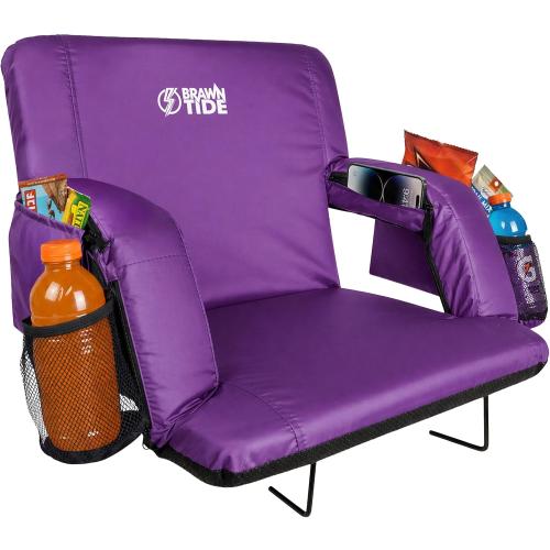 BRAWNTIDE Stadium Seat for Bleachers with Back Support - Wide Padded Reclining Bleacher Seat, Portable Folding Stadium Chair with Armrests, Hooks, Straps, Cup Holders & Pockets (Purple, 21)