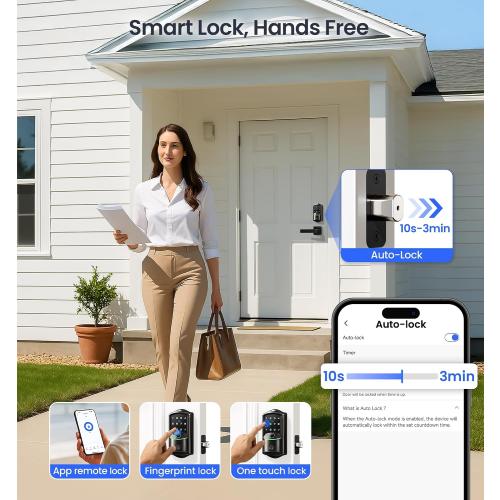 Veise VE027-L Built-in WiFi Smart Lock with Handles, Fingerprint keyless Entry Door Lock Set, App Remote & Voice Control, Electronic Deadbolt for Front Door, Touchscreen Keypad, Auto Lock, Matte Black