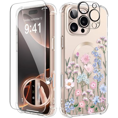 Size iPhone 16 Pro Max Color Pink GVIEWIN Slim Clear Floral Phone Case,Fresh Plum/Pink