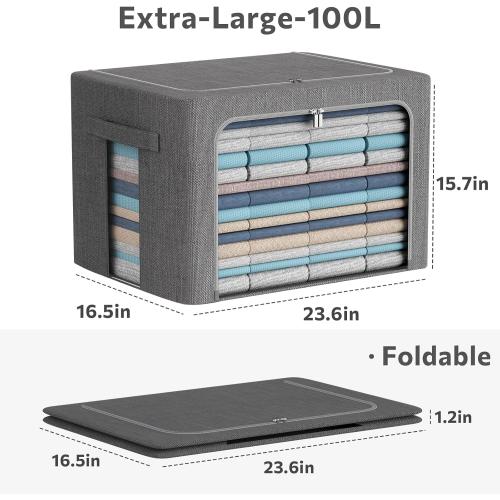 CYhom 3Pack Foldable Storage Bins - Frame Storage Box Linen Fabric Stackable Clothes Container Organizer with Clear Window & Carry Handles Large Capacity (Extra Large-100L, Dark Gray)
