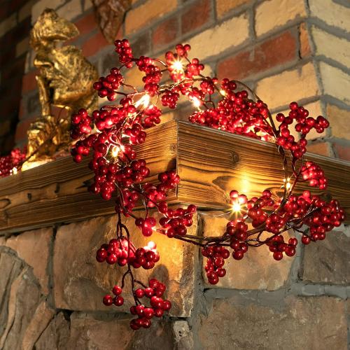 Syhood Christmas Berry String Garland with Lights Thanksgiving Artificial Lighted Garland for Home Xmas Winter Tree Decor Office Fireplace Mantel Decoration Holiday Valentines, 6 Ft (Red,1 Pc)