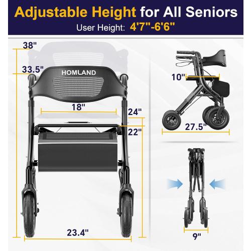 HOMLAND Foldable Rollator Walker for Seniors with Seat, Black | 10 All-Terrain Wheels, Curb Climber, 16.4 lb Lightweight, Lockable Brakes, 300 lbs Capacity