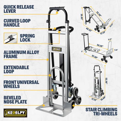 3 in 1 Convertible Hand Truck 1000 LBS Capacity, Industrial Heavy Duty Hand Truck Dolly Cart, Aluminum Stair Climbing Utility Trolley Platform Cart with Wheels for Transport & Moving