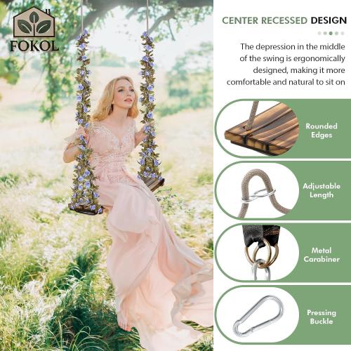 2026 Upgraded Large Wooden Swing Seat, 24x 8, Hanging Tree Swing for Adults & Kids, 500lbs Load, Adjustable Nylon Rope & Tree Straps, Indoor/Outdoor Swings with Purple Floral Garland