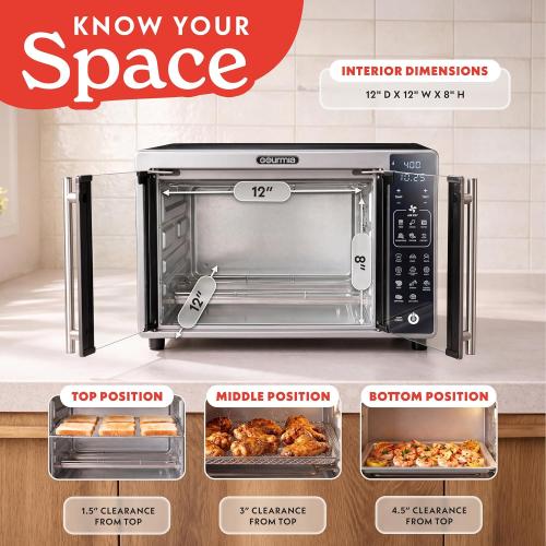 Gourmia Air Fryer French Door Toaster Oven - 6-Slice Capacity, LED Display with 19 Cooking Presets, Stainless Steel‼️needs heavy cleaning‼️