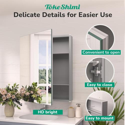 TokeShimi 12 x 36 Farmhouse Medicine Cabinet Recessed or Surface Mount Aluminum, Mirror with Stepless Adjustable Storage, Silver Bathroom Mirror Medicine Cabinet Frameless Metal Modern