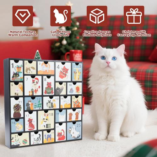 SUNGIFT Wooden Advent Calendar with Drawers - Refillable Christmas Countdown Calendar with Cute Cat Design for Gifts