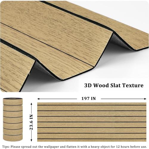 Brown 3D Wood Wall Panels Peel and Stick Fluted Wall Slat Panels | Self Adhesive Acoustic Wood Walls Panels Textured Slat Wooden Panel Wallpaper for Bedroom Living Room Studio 23.6x197