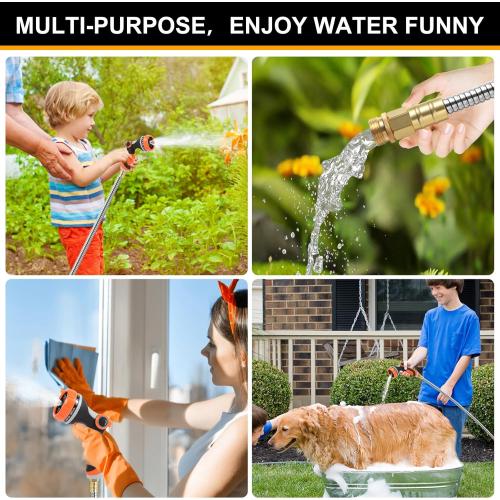 Metal Garden Hose 50 ft with 10 Function Sprayer Nozzle, Lightweight Stainless Steel Water Hose with 3/4 Solid Fittings, Flexible Kink Free Leak Proof for Yard, Patio, Outdoor & Car washing