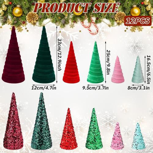 Ireer 12 Pcs Christmas Velvet Trees Set Various Size Velvet Cone Modern Decorations Indoor Table Tree Centerpiece Minimalist Xmas Holiday Winter Home Decor (Red Green)