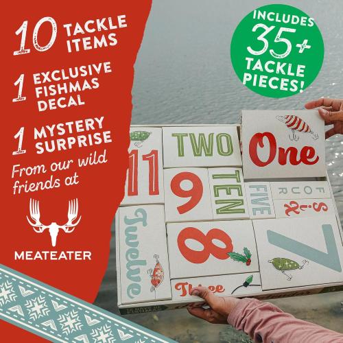 Mystery Tackle Box 12 Days of Fishmas Advent Calendar – Bass Fishing Lure Gift Set with 35 baits & lures including 10 Premium Baits, Holiday Decal & Meateater Trivia Pack