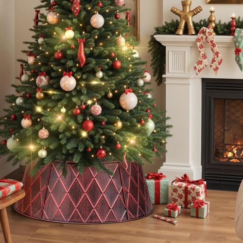 Lanpn Metal Christmas Tree Collar 28 inch, Christmas Tree Ring Collar for Medium Xmas Stand Cover Real Artificial Trees Indoor Outdoor Decoration (Red, Diamond)