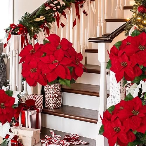 MARTINE MALL 21.3 in Poinsettia Flowers Artificial, 2 Packs Poinsettia Christmas Decoration, Long Stem Velvet Poinsettia Bouquet for Christmas Tree Porch Home Garden Indoor Outdoor Decoration