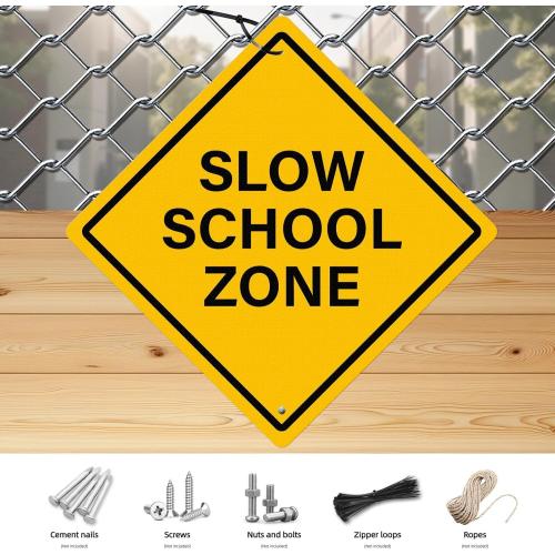 Slow School Zone Sign 24 × 24 Inches Reflective Waterproof Fade Resistant Rust Free Aluminum Metal Safety Warning Signage with Pre-Drilled Holes for Driveways Roads Streets