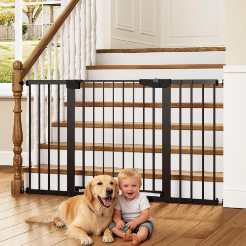 Cumbor 30-54 Extra Wide Baby Gate for Stairs, Dual Lock & Self-Closing Dog Gate Indoor, Easy Install Pet Gate for Doorways, Hallways & Kitchen, Easy Walk Thru Safety Proofing for Babies & Pets, Black