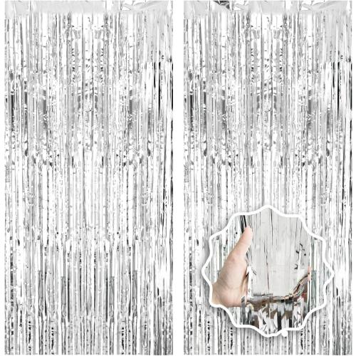 2 Pack Foil Curtain Backdrop Curtains Silver Tinsel Door Streamers Birthday Party Decorations Photo Booth Props for Disco Party Graduation Wedding Baby Shower Bachelorette Christmas Gender Reveal