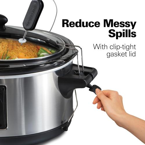 Hamilton Beach Portable 6 Quart Set & Forget Digital Programmable Slow Cooker with Lid Lock, Temperature Probe, Dishwasher Safe Crock & Lid, Stainless Steel (33969A)