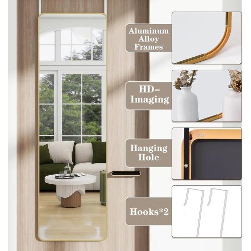 Full Length Door Mirror 14x48, Metal Frame with Protective Film, No-Drilling Hanging or Wall Mount (Horizontal/Vertical), Hooks & Hardware Included, Full Body Mirror for Bedroom, Dorm, Gold